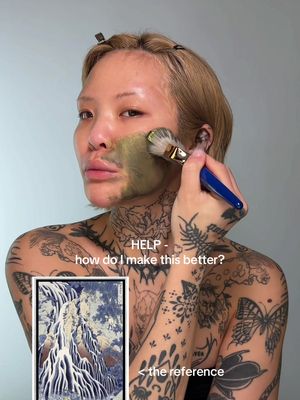 Losing my mind ever so slowly - any critique would be greatly appreciated! (Ref: Katsushika Hokusai's(1760-1849), woodblock print, "Kirifuri Fall on Kurokami Mount"(19th century) #avantgardemakeup #creativemakeup #editorialmakeup 