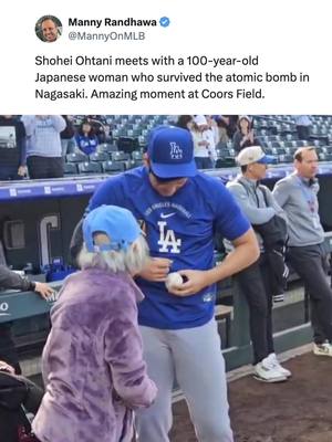 What a moment at Coors Field as Shohei Ohtani meets a 100-year-old Japanese woman who survived the atomic bombing of Nagasaki ❤️ (via MannyonMLB/X) #dodgers #MLB #la #baseball #ohtani 