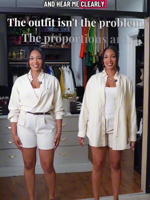 You don’t have to hide your body sis, learn the proportions that work best for you instead. This is literally the same pieces but two completely different silhouettes based on how I styled them for my body. #StyleTips #personalstyle #OutfitFormula  Shirt: @Ralph Lauren  Shorts: @hm Sneakers: @TOMS  Mules: @guessoriginals 