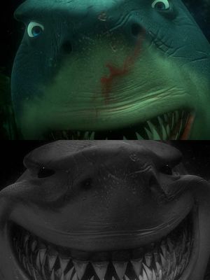 I still remember how genuinely terrifying this moment from ‘Finding Nemo’ felt when I saw it as a child. Bruce the shark is introduced as friendly and gentle, repeating “fish are friends, not food” like he believes it. Then the blood hits the water. His eyes blacken, hollow and glossy, and he looks almost possessed, almost entirely gone. The shift is instant, with no time to process it. The friendliness disappears, and primitivity takes over. That’s what made it so unsettling back then. The change isn’t loud or dramatic, it’s eerie and sudden. One second he’s in control, the next he isn’t, and it’s like watching the soul leave his body, visible right there in his eyes.