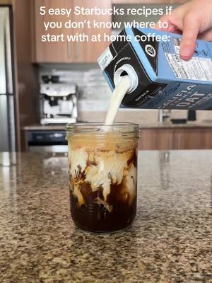 New to making coffee at home? Start with these 5 Starbucks drinks🙏 No espresso machine or barista skills required, just simple ingredients from the grocery store🎉 My debut cookbook: Coffee Shop at Home is now available for preorder! Head to my bio to snag your copy 📖 CARAMEL MACCHIATO + VANILLA COLD FOAM: 10 ounces bottled caramel macchiato flavored coffee Ice cubes 1 tablespoon vanilla syrup 2 tablespoons 2% milk 3 tablespoon heavy cream Caramel sauce, for drizzling Combine the bottled coffee and ice, then froth together the vanilla syrup, milk, and heavy cream until thick. Pour the cold foam over the iced coffee mixture and top with a drizzle of caramel sauce. BROWN SUGAR OATMILK SHAKEN ESPRESSO: 1-2 tablespoons brown sugar, adjust to taste 3 teaspoons instant espresso powder 3 ounces warm water 1/4 teaspoon ground cinnamon Ice cubes 6-8 ounces oat milk Stir together the brown sugar, instant espresso and warm water until fully dissolved. Add the espresso mixture to a mason jar with ice cubes and ground cinnamon, and shake until chilled. Top with oat milk and enjoy. CARAMEL ICED COFFEE:�1-2 tablespoons caramel syrup, adjust to taste 12 ounces bottled iced coffee (unsweetened) 2-3 ounces half & half, adjust to taste Ice cubes BROWN SUGAR OAT MILK CHAI LATTE: 6 ounces chai concentrate 6 ounces oat milk, or milk of choice 2 teaspoons brown sugar 1 tablespoon vanilla syrup 2 tablespoons 2% milk 3 tablespoon heavy cream Combine the chai concentrate, milk and ice, the froth together the brown sugar, vanilla syrup, milk, and heavy cream until thick. Pour the cold foam over the iced chai latte and enjoy. COFFEE FRAPPUCCINO: 8 ounces milk 3 teaspoons instant espresso powder 2 tablespoons cane sugar syrup (this is just a simple syrup) 1/8 teaspoon xanthan gum, for texture 1 cup ice cubes Combine all ingredients into a blender and blend until smooth. Pour into a drinking glass and enjoy. You don’t need any fancy equipment or barista experience to start making great coffee drinks at home, TODAY! SHARE this post with a friend and FOLLOW if you’re ready to save money and start making coffee shop level coffee at home!🤍 #starbucksathome #athomecoffee
