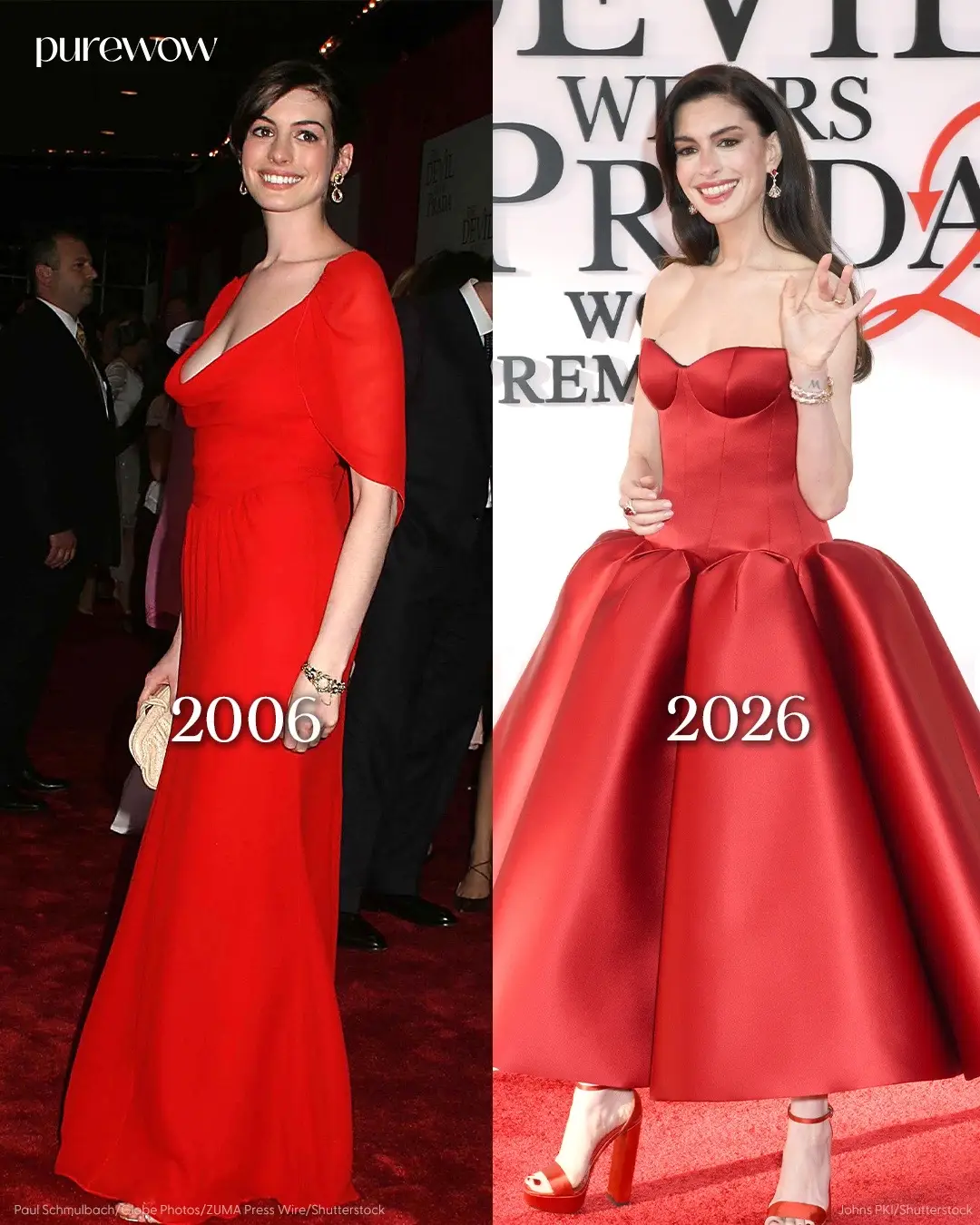 Last night's NYC premiere of "The Devil Wears Prada 2" has us all feeling nostalgic. ✨ PureWow Fashion and Beauty Director Deena Campbell is weighing in on the red carpet fashion, then vs. now: "Not to be dramatic, but I LOVE a well-styled reunion. The nostalgia was real last night at the 'Devil Wears Prada 2' premiere. 20 yrs after the OG movie debuted at the 2006 L.A. Film Festival, the cast reunited in NY like it was still the early 2000s—only with an elevated wardrobe. Anne Hathaway slipped back into red, now in strapless @Louis Vuitton, Emily Blunt brought @schiaparelli Couture and Mikimoto jewels into the mix (a selection of designs from Mikimoto’s Les Pétales Place Vendôme Rosés), Stanley Tucci was his usual suave self and Meryl Streep arrived in @Givenchy by Sarah Burton with @Stuart Weitzman.  Looks like these actors—and their sense of style—are only getting better with age." 👠💥 #TheDevilWearsPrada #TDWP2