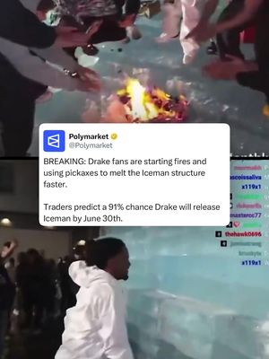 Drake fans are starting fires and using pickaxes on a one-million-pound ice block in Toronto, trying to speed up the reveal of his Iceman album release date. #drake #iceman #spotify #toronto #music 
