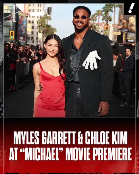 Two-time NFL DPOY Myles Garrett & two-time Olympic gold medalist Chloe Kim shined on the "Michael" red carpet 🎬 🤩 #mylesgarrett  #chloekim #michaeljackson #redcarpet 