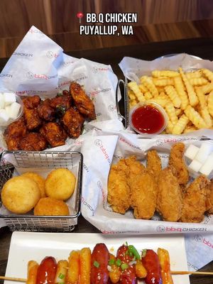 So Ddeok So Ddeok, Cheese Balls, French Fries,  Siganture Golden Chicken Wings, Gangnam Style Chicken Wings 📍 bb.q Chicken 🍗 ⁣ ⁣ Come check out bb.q Chicken in Puyallup, WA. They serve delicious Korean fried chicken. You can choose from the many different flavors and get it whole chicken style, boneless, or just wings . There’s also rice cakes, ramen, rice bowls, and lots of sides to choose from. You must get the so ddeok so ddeok! The sweet and spicy sauce on the rice cakes and sausage was so good. The Gangnam is a black pepper sauce with a nice kick of spice and bold in flavor. The signature golden is perfect for those that don’t like saucey wings. Bring ⁣a group and try a little bit of everything!  ⁣ #koreanfriedchicken #ricecakes #puyallupwashington #chickenwings 