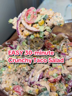 SAVE THIS ‼️ 30-minute Crunchy Taco Salad 😋 (recipe 👇🏽) Announcements: ✅ Want over 180 healthy high protein recipes with macros⁉️ Check out my digital cookbooks on my website!😊 OR ✅  Macros and Calories Included! 💪🏽 ✅ MY New seasonings out now! 👀 @SpiceX  Macros per serving (makes x3): 554 Calories | 71g P | 36g C | 14g F  Ingredients: 1.5lb chicken breast, air fried and cubed 🍗  1 large cucumber 🥒  1/2 red onion 🧅  cherry tomatoes 🍅  2 large bell pepper 🫑  Large handful parsley 🌿  1 can chickpeas   1 cup corn 🌽  Dressing Ingredients :  1.5 cups nonfat Greek yogurt  1-2 tbsp @SpiceX Taco Seasoning 1 Lime Juice 🍋‍🟩  2 tsp olive oil 🫒  2 tsp Honey 🍯  Salt, to taste 🧂  Water, to adjust consistency 💦  ENJOY 😍 . . . . #icekarim #healthyrecipes #EasyRecipes #mealprep #quickrecipes 