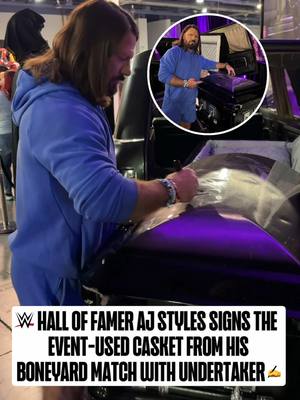 #AJStyles stopped by the actual Boneyard Match casket at #WWEWorld to sign & inscribe it with @The Undertaker 👀 Last chance to bid on @WWE Shop Auctions! ☠️ #WWE #undertaker #WrestleMania 