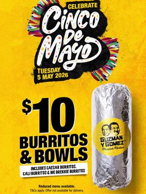 SAVE THE DATE! Get $10 Burritos and Bowls next Tuesday May 5 for Cinco De Mayo at GYG! 🎉🌯
