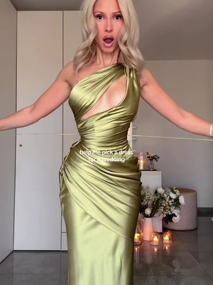 Dress 1 or 2? HELP!! 😭 #weddingguest #weddingguestdress #olivegreen #sarahzerafa #springwedding 