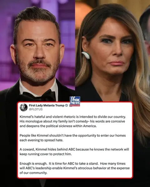 BREAKING: First Lady Melania Trump breaks her silence on Jimmy Kimmel’s controversial skit, calling out his “hateful and violent rhetoric” and demanding that ABC leadership step up and address the late-night host’s actions: "A coward, Kimmel hides behind ABC because he knows the network will keep running cover to protect him." "Enough is enough.  It is time for ABC to take a stand.  How many times will ABC’s leadership enable Kimmel’s atrocious behavior at the expense of our community."