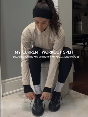 My weekly workout split focusing on balancing running and strength training.  Never felt better training in my @adidas #Adizero EVO SLs as I prepare for my first-ever marathon this year!🏃‍♀️This is just what worked for me this week.. Some weeks it changes based on schedule & how my body feels.🧡 #adidaspartner #adidasCA #adidasrunning 