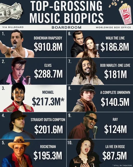 ‘Michael’ stormed out of the gate with a record-setting $217 million global opening weekend, delivering the biggest debut ever for a music biopic despite mixed critical reception.⁠ ⁠ Still, the long-run benchmark remains ‘Bohemian Rhapsody,’ which finished its theatrical run with roughly $910 million worldwide, a reminder of the scale ‘Michael’ would need to reach to claim the all-time crown.⁠ ⁠ With international markets like Japan still ahead, the film’s trajectory will determine whether it can close the gap on the highest-grossing music biopic ever.⁠ ⁠ (via @billboard) #michaeljackson #films #biopic #top #grossing 