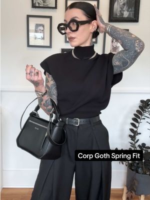 Corp Goth Fit for spring. Pants @A B S T R A C T I K A Barrel pants *aff discount code JESSICAHAZE for % off  Belt Baby Turns Blue Shoes @Raboesy  Glasses @Valleyeyewear  Bag @Sans Beast  #corporategoth #corpgoth #offficeoutfit #softgoth 