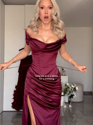 Dress 1 or 2? HELP!! 😭 #weddingguest #weddingguestdress #cherryred #sarahzerafa #springwedding 