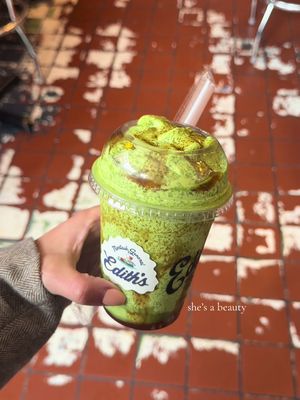 heaven help me! 🪽@themontaukgeneral x edith’s!!!!!!! launching this friday RUN!!!!! 🍵🧊💋 so proud always @kidiament !! #matcha #nyc 