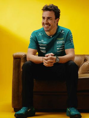 “Box, box” Fernando Alonso puts his Breitling Navitimer Aston Martin Aramco F1® Team watch to work in Miami. 