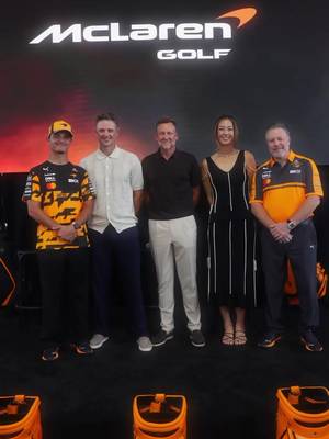 Not your normal golf launch ⛳️🏁 @McLaren Mastercard F1 Team 🧡  @McLarenauto @Michelle Wie West @Lando Norris 