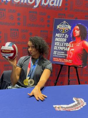 Word on the street is the special guest is really cool. 👑 Swing by the USA Volleyball booth today and tomorrow at the Girls 18s National Championship to meet 2x Olympic medalist 🥈🥇 Haleigh Washington You may get to 👀 the medals too! #GJNC18