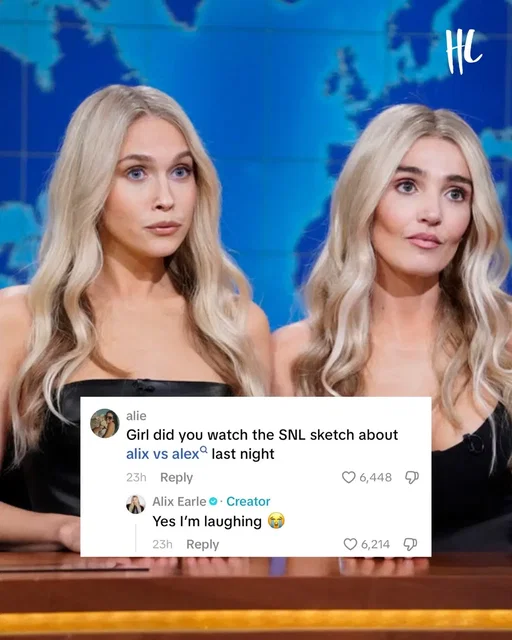 The Alix Earle vs. Alex Cooper drama just made it to SNL. In a recent TikTok of Alix Earle getting ready for the Formula 1 Miami Grand Prix, she responded to a comment about the SNL skit, revealing she watched it—and was laughing. (📸: Courtesy of NBC/TikTok)
