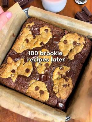 Brown Butter Brookies 🤎  For ALL of you asking about the app, I made with my friends, search “Osta” on the app or Google play store 🫶 Fudgy brownies layered with the best brown butter cookies…. I tested so many recipes and this is the winner 👑 Brown Butter Cookie Dough: -1 cup brown sugar + 1/2 cup white sugar -1 cup unsalted browned butter  -2 large eggs, room temp -2 tsp vanilla bean paste -2 cups all-purpose flour -3/4 tsp baking soda -1/4 tsp baking powder -1/4 tsp salt -2 cups semi-sweet chocolate Brownie Batter -1/2 cup salted butter, melted -2 tbsp olive oil -2 eggs -3/4 cup flour -1/2 cup brown sugar + 1/4 cup white sugar -1 tsp vanilla -1 cup chocolate chips (melted) -1/4 cup cocoa powder For on Top: -3 oz semi-sweet chocolate chunks Instructions: 1. Make the cookies first: Brown butter and let cool slightly. Whisk with sugars with the browned butter until glossy, then add eggs and vanilla. Sift in the dry ingredients until just combined, then fold in chocolate. Chill for at least 1 hour. 2. Preheat oven to 350°F (175°C) and line an 8x8 pan with parchment. 3. Make brownie batter: Melt butter with chocolate chips, whisk in olive oil and cocoa powder. In another bowl, whisk sugars, eggs, and vanilla. Combine with chocolate mixture, then fold in flour until just mixed. 4. Assemble: Pour half the brownie batter into the pan and spread evenly. Add chunks of cookie dough across the surface (don’t cover fully). Pour remaining brownie batter over top, then finish with more cookie dough pieces pressed lightly on top. Lastly, top with the chocolate chunks to your liking.  5. Bake for 30–40 minutes, until edges are set and center is slightly soft. A toothpick should come out with moist crumbs, not wet batter. 6. Cool completely before slicing (this is key for clean layers). #baking #bakersoftiktok #cookies #brownies #recipesoftiktok 