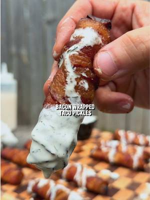 Bacon Wrapped Taco Pickles 🥓🥒 Recipe: -Add a pack of taco seasoning to a jar of pickles, shake it up, and place in the fridge over night.  -Wrap each pickle with a slice of bacon and set on a wire rack. -Place the pickles on the grill at 375F for 40 minutes, or until the bacon is crispy. -Remove and cool for a few minutes, top with ranch or bbq sauce, and enjoy!