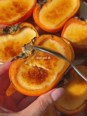 Fuyu persimmons are back in season, so naturally I had to run to @Harris Farm and recreate these brûléed persimmon panna cottas from my PS40 pop-up last year 🏃🍊 Panna Cotta Base: 6 Fuyu Persimmons 500ml thickened cream 50g caster sugar 1 tsp vanilla paste 2 tbsp honey 1 cup persimmon pulp (from the hollowed-out centres) 2 tsp powdered gelatine + 2 tbsp warm water Persimmon Ginger Jam: Remaining pulp from the panna cotta base 3 tbsp caster sugar 1 tsp lemon juice 1 tsp grated ginger (optional) 2 tbsp water 1. Slice persimmons in half horizontally. Hollow them out carefully with a spoon, leaving a 0.5cm wall. Reserve the flesh. 2. Blend all the reserved flesh until smooth. Measure out 1 cup for the panna cotta and keep the remainder for the jam. 3. In a small pot, combine the “remainder” pulp, sugar, lemon, ginger, and water. Simmer on low for 10–12 mins until thick and translucent. Spoon a small, even layer into the bottom of each hollowed-out shell. Place the tray in the freezer for 10 mins to set the jam surface. 4. In a saucepan, bring cream, sugar, vanilla, and honey to a gentle simmer. Remove from heat. Whisk the gelatine into the warm water until clear, then stir into the warm cream. 5. Stir the 1 cup of pulp into the cream. Pass the mixture through a fine sieve into a jug for a smooth texture. Carefully pour the cream mixture over the back of a spoon onto the jam layer until the shells are full. Refrigerate for 4 hours or overnight. 6. Just before serving, sprinkle a thin, even layer of caster sugar over the set panna cotta. Use your blowtorch to caramelise the sugar until it’s a deep amber colour. #ad #fuyupersimmons #harrisfarm #fypp 