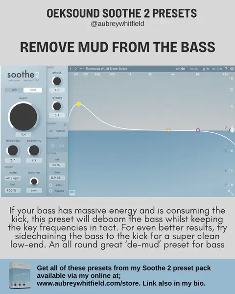 SOOTHE 2 PRESETS! Here are some custom presets for Oeksound Soothe 2. Remember to also look at the control panel on the left as I often tweak the mix control, attack, release and some presets are in mid/side mode.Have fun! ----- 👋 Visit www.aubreywhitfield.com/store or the link in my bio where you will find: ◾️Online Courses in Producing and Mixing ◾️A collection of mixing and mastering masterclasses ◾️Preset Packs for your favourite plugin ◾️My mix template in Logic Pro, Ableton & FL Studio ◾️Pre-made Plugin Mixing Chains ◾️EQ frequency guides ◾️Some freebies! ◾️Plus more.... #musicproducer #mixingengineer #mixingmusic #mixingandmastering #soothe2 