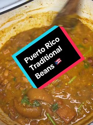 Traditional Puerto Rican Beans Recipe 🇵🇷 * 1c pinto beans * Quality smoked ham * Tocino (salted pork fat) * 2 small farm tomatoes  * Fresh sofrito, 2 culantro, 6-8 garlic, 4 aji dulce, half small onion * 10c water * 1tsp annato powder or packet sazon * 2 capsule apple cider vinegar  * 1 bay leaves  * 1tsp oregano  * Salt to taste the end Beans are ready when it's soft/firm took almost 3 1/2hrs. Low and slow is the best beans! That's how Puerto Rico makes there beans without pressure cooking. Low and slow 🫶🏼🇵🇷