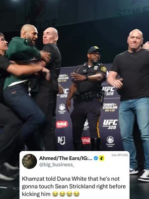 Khamzat Chimaev kicked Sean Strickland during their face off for their fight Saturday 😳 🎥: @UFC