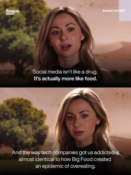 The way social media keeps us scrolling is surprisingly similar to how Big Food engineered processed food to keep us eating. More stimulation, less friction, and never feeling fully satisfied. Watch the full Genius Talk on YouTube! Link in bio. A Genius Talk ft. Sahar Yousef
