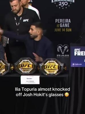 Ilia Topuria threw an item at Josh Hokit during presser 😬 (via @UFC) #UFC #mma #iliatopuria #joshhokit 