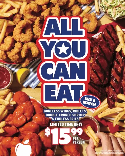 All You Can Eat is BACK for $15.99!! We’re talking Unlimited Boneless Wings, Signature Riblets, Double Crunch Shrimp, and endless fries. Who are you going with? Send this to the biggest back you know and join us. 
