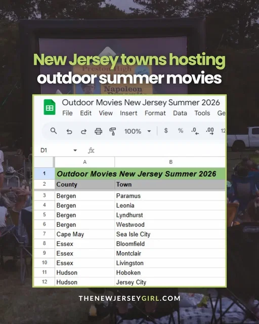 Summer is just over a month away, which means it's time to start planning those bucket list activities. Throughout the summer, towns across New Jersey are hosting free outdoor movie nights, and naturally, we made a list (organized by county, ofc). Get the full guide - with dates, times, and locations - at TheMontclairGirl.com #montclairgirl #montclair #northjersey #nj #jersey 
