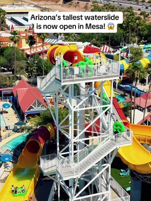 Who’s trying Arizona’s tallest waterslide this summer? 🌊😳 Golfland Sunsplash officially opened “Riptide” in Mesa, featuring a 65-foot drop and standing nearly 10 stories tall. The new slide sends groups of 2 to 4 riders through high-speed twists before launching up a nearly vertical wall. 👀 #MesaAZ #ArizonaSummer #ThingsToDoAZ #Waterpark #WelcomeToArizona 