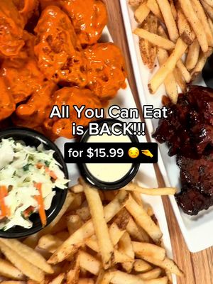 All You Can Eat is BACK for just $15.99!! Mix and match from Double Crunch Shrimp, Riblets & Boneless Wings. 