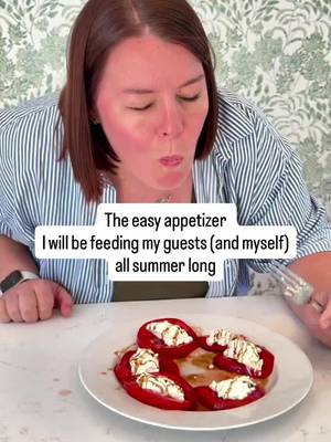 Recipe⬇️ -ripe beef steak tomato sliced 1 inch - Salt the tomatoes on both sides and then let it sit for 10 minutes. -Top the tomato slices with a tablespoon of stracciatella, also known as the soft cheese inside of a burrata ball. You can find a burrata or the stracciatella at some grocery stores and also at Aldi and Trader Joe's. -Top that with balsamic reduction (they use balsamic pearls at the restaurant, but they are expensive, so I just do balsamic reduction). -Top that with a little more flaky salt and some fresh basil if you have it and enjoy. My guests will be enjoying this appetizer all summer long because I will be enjoying it all summer long! #kelsewhatelse #summerappetizer #midwesternmom