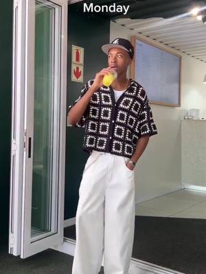 Another day, another elite fit. - Coastal Crochet Button Up Shirt - Mix Blend Striped Collared Cardigan - Boxy Winning Team Fuzzy Knit - Baggy Pico Frayed Pant - Color Block Slip On Loafers - Overnight Classix Faux Leather Duffle Bag