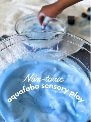 Non-toxic zero waste sensory play from something you prob have in your pantry rn 🥰 How to Make Aquafaba Sensory Play Foam Ingredients: - 3/4 cup aquafaba, chilled (the liquid from canned chickpeas) - 1 tablespoon arrowroot starch (**alternative**: many people use cream of tartar instead) - 1/4 teaspoon blue spirulina powder Instructions: 1. Drain a can of chickpeas over a large bowl and refrigerate the liquid (called “aquafaba”) for at least 30 minutes. 2. Add arrowroot starch (or cream of tartar) and blue spirulina to the bowl of chilled aquafaba. Beat with a hand mixer on high for about 5 or so minutes. 3. Use immediately or refrigerate. Best used the same day before it deflates. My 5-year-old enjoys whipping it up with me. Then I just dump toys inside and he and my toddler have soooo much fun digging swishing their fingers through it, looking for treasures 🤪 #veganmom #aquafaba #sensoryplay #toddlermom #zerowaste 