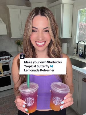 MAKE YOUR OWN STARBUCKS TROPICAL BUTTERFLY LEMONADE REFRESHER 🧡💜🦋 You’ll need: • mango popping boba • Passionfruit Orange Guava juice (the real drink only has Passionfruit and guava juices but my family loves POG juice) • Lemonade • butterfly pea flower tea (cooled)  #momlife #starbucks #drinktok #recipes #MomsofTikTok 