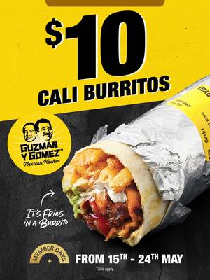 $10 Cali Burritos are calling 👀🌯 Grab a Regular Cali Burrito for just $10 on Uber Eats from May 15–24, exclusively for Uber One members. Order now so you don’t miss out 💛🖤 T&Cs apply.