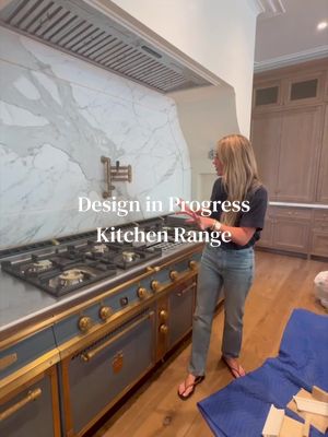 A dreamy custom Officine Gullo range in smoky blue-gray and brass, designed for a family of 7 who loves to gather, entertain, and cook together.