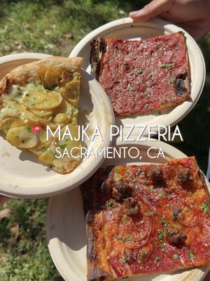 Michelin Guide pizza in Sacramento 🍕 Highly recommend getting slices cause you can try so many different flavors 🙂‍↕️ Here’s what we got:  🍕 Sausage Roman Slice - $8 🥔 Pizza of The Day (Yukon potato w/ garlic, creme fraiche, marcel petite comte) - $6 🍕 Rosa Roman Slice - $8 📍Majka Pizzeria - 1704 15th St, Sacramento, CA 95814