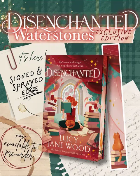🌹✨ The @Waterstones special edition of Disenchanted has landed online and is available to pre-order now 🥰 Magical ginger cat sprayed edges! Constellation end papers! Signed by me while I inevitably binge-watch a 00s show in my living room!  These editions sold out for my first two books, so nab one on pre-order ahead of September if you’d like to have the third instalment for Selcouth coven stories to match on your bookshelf 📕📜🕰️🎃✨ — 📚Disenchanted is a comforting, nostalgic story written for the quiet, bookish hearts who always held onto fairy tales. Bring on the pumpkin spice, and think ‘witchy Shrek’ x Gilmore Girls with a touch of Beauty and the Beast 🪄 ☕️ Magic has betrayed Sage before, bringing nothing but heartache, and she will not let something so foolish happen again. She’s thrown herself into her work, running the small town museum and largely preferring the company of her library and her cat to other humans.  But when a strange historical book accidentally triggers a curse, Sage’s quietly organised life is suddenly overrun - and magic is running rife. A beanstalk grows in her garden, and her co-worker Casimir starts to look an awful lot like a handsome prince. Fairy tales are coming true . . . Now, with the threat of the coven on her tail, Sage must confront the magic she’s always denied to save everyone she’s come to love from being lost to a fairy tale forever. Can she finally learn to be her own happily ever after? #rewitched #uncharmed #waterstones #specialeditionbook #sprayededges 
