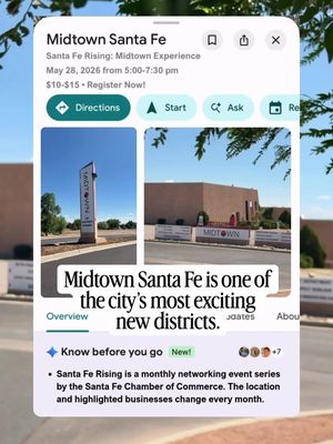 Midtown Santa Fe is one of the most talked-about developments in the city right now, and on May 28 you can walk through it as an insider. Santa Fe Rising is hosting a progressive open-house evening through some of Midtown's most exciting spaces, and it might be the most interesting networking event Santa Fe has seen in a while! We’ll move through new businesses, meet the people building things there, and connect with other young professionals who care about where this city is headed. Here's what's included: tastings at Tender Fire Kitchen, a pop-up from The Dirty Dragon Acai Food Truck, a behind-the-scenes look at Sky Cinemas Midtown with popcorn, a visit to the New Mexico Innovation Hub, and informal meet-and-greets with Santa Fe elected officials. Santa Fe Rising: Midtown Experience takes place Thursday, May 28 from 5:00 to 7:30 PM in Midtown Santa Fe. Admission is $10 for Santa Fe Chamber (@santafechamber) members and $15 for non-members.  Link is on Santa Fe Chamber’s website or DM me and I’ll send it to you! Register here: https://web.santafechamber.com/atlas/events/5970/details. Share this with someone you want to attend this event with! #SantaFeRising 
