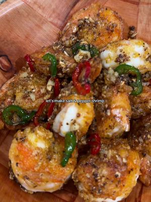 If you need something quick and easy to make for dinner, make this Salt & Pepper Shrimp 🦐  [SAVE & SHARE this recipe]  I’ve been seeing this all over my timeline, so I had to try it and I’m so glad I did. It’s a Cantonese dish that’s traditionally made with the shell on, but I went ahead and peeled mine so it’s easier to eat.  Ingredients  	•	Shrimp (cleaned + deveined) 	•	Cornstarch 	•	Olive oil 	•	1 tbsp butter 	•	Jalapeño 	•	Red chili pepper 	•	Garlic (minced) 	•	Salt, pepper, sugar Seasoning (season to your liking, here’s what I used): 	•	Garlic powder 	•	Trader Joe’s garlicy spicy seasoning 	•	Paprika 	•	Cowboy butter seasoning Salt + pepper mix: 	•	1 tsp salt 	•	1 tsp pepper 	•	2 tsp sugar Directions: Season your shrimp to your liking (I used the seasonings above), then toss in cornstarch until fully coated. This is what gives it that crispy texture. Heat olive oil in a pan and lightly fry shrimp for 2–3 minutes per side until golden. Remove from the pan. To cut down on the fat, I removed most of the oil from the pan, then add in about 1 tablespoon of butter. Add garlic, jalapeño, and Thai chili and sauté for about 30 seconds. Add the shrimp back in, sprinkle in your salt, pepper, and sugar mixture, and toss everything together for 1–2 minutes until fully coated. Then enjoy!! I served this with a side salad to feel healthier 😂 let me know if you make this. #easydinnerideas #saltandpepper #saltandpeppershrimp 