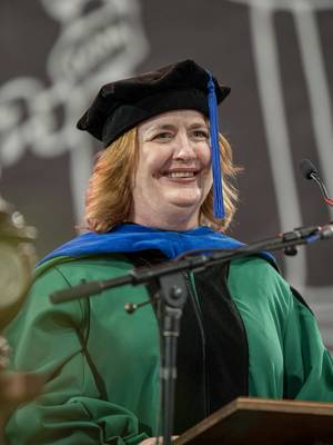 “Your curiosity, your excitement in discovery and your capacity for wonder — all these will sustain you as a lifelong learner. You see, higher education is not the end of an academic journey — it is the foundation of future dreams.” Meg Amstutz, dean of the UGA Jere W. Morehead Honors College, served as the keynote speaker for the graduate Commencement ceremonies held May 7 and shared how higher education changes perspectives.