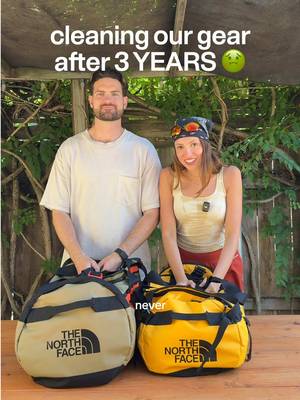 The ULTIMATE gear reset 🏕️🧼 #ad We haven't cleaned our gear in over THREE years, and the only items we don’t need to maintain are @thenorthface Base Camp Duffels that we’ve taken on so many past camping trips. #TheNorthFacePartner #TNF They’re built with rugged, water-repellent materials, which makes them perfect for any type of adventure.  For this reset, we cleaned all of our gear and re-waterproofed it, if necessary, because who wants to get soaked while camping? ⭐️Here are the steps we followed: Rain Jackets ☔️ — Wash with a technical cleaner in the washing machine — Reapply DWR with a wash-in or spray-on waterproofer, if needed — Tumble dry on low-medium heat to reactivate water repellency Tent 🏕️ — Soak and gently wash the tent in cold water with a technical cleaner OR — Pitch the tent and hose/wipe it down  — Air dry completely — Reapply waterproofing spray Down Sleeping Bag & Puffers ☁️ — Wash in cold water with a down cleaner — Squeeze water out gently, but don't twist or wring — Tumble dry on low heat with dryer balls or tennis balls until fully dry Water Bladders 💧 — Put them in the freezer after every use to prevent mold! Make this your sign to take care of your gear before the upcoming backpacking + camping season! 🥾 #gearreset #outdoorgear 