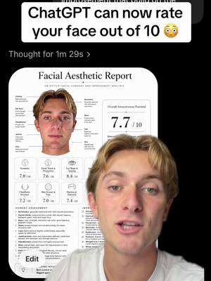 Comment "Face" and I'll send you the prompt 👇 ChatGPT can now rate your face out of 10 and it's literally breaking the internet. Just take a selfie, upload it into ChatGPT, and paste in this prompt. ChatGPT analyzes your facial symmetry and bone structure to give you a full report. You get: • Detailed breakdown of your strengths • Personalized recommendations • A final attractiveness score out of 10 People cannot stop posting their results right now. Let me know what you got in the comments. #chatgpt #ai #chatgptprompts #viral #chatgpttips 