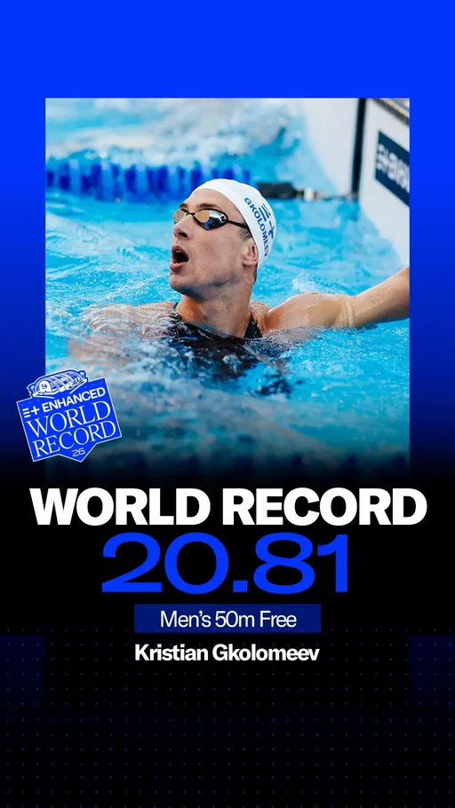 Kristian Gkolomeev wins the Men’s 50m Freestyle in 20.81 and takes home $1,000,000 bonus + 250,000 first place finish and reclaims his 50M Freestyle WR. 