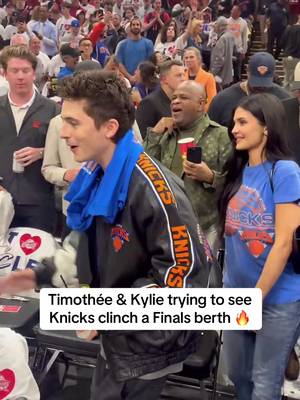 Timothée Chalamet & Kylie Jenner pulled up to Game 4 🙌 (via mackenziepflum/X) #NBA #basketball #knicks #timotheechalamet #kyliejenner 